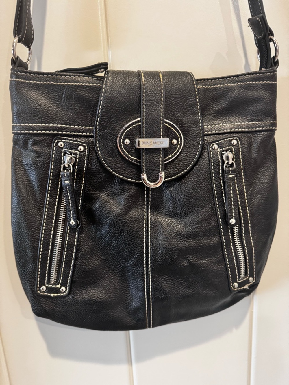 Y2KNine West Black Crossbody Bag with Contrast White Stitching